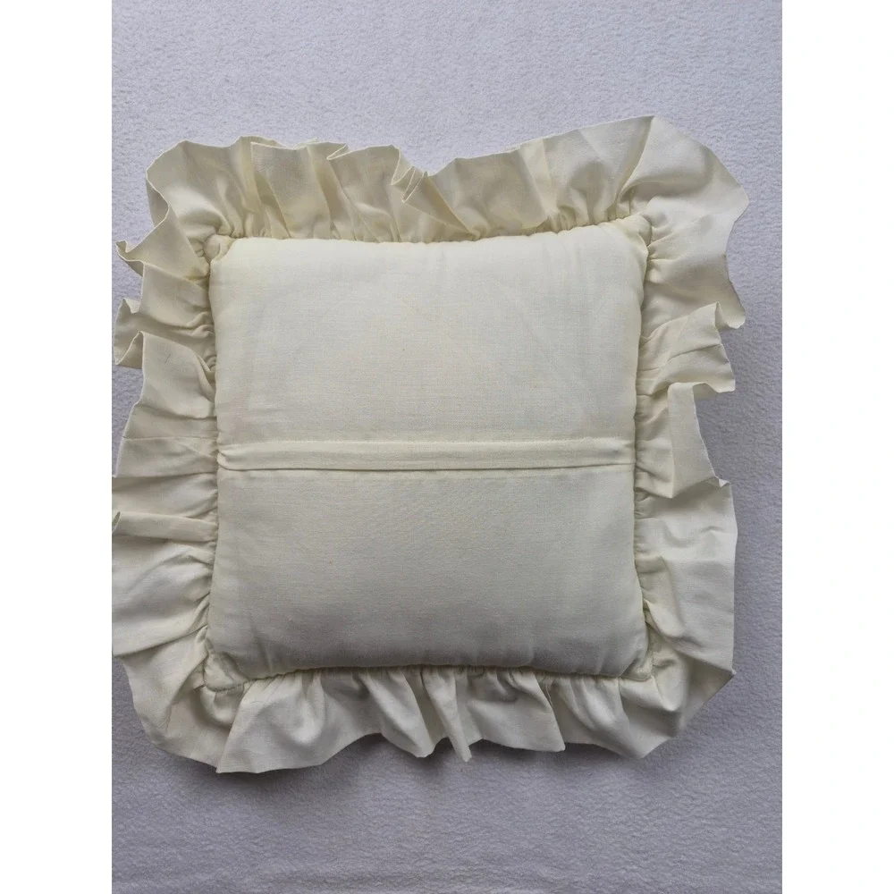 Vintage Floral Needlepoint Throw Pillow Cream Ruffled Edge Cottagecore 11x11